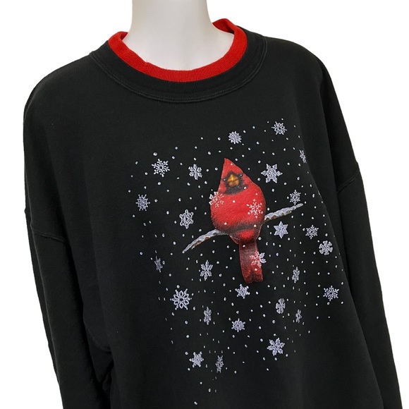 Vintage Morning Sun Red Cardinal Bird Snowflake Double Collar Holiday Sweatshirt - Picture 2 of 8